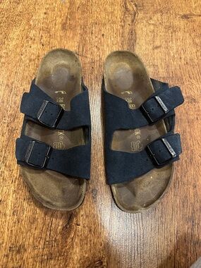 Birkenstock Black Suede Two-Strap Slide Sandals